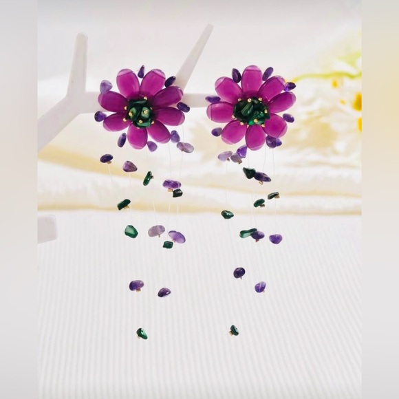 Vibrant Purple and Green Floral Beaded Earrings - Picture 2 of 4